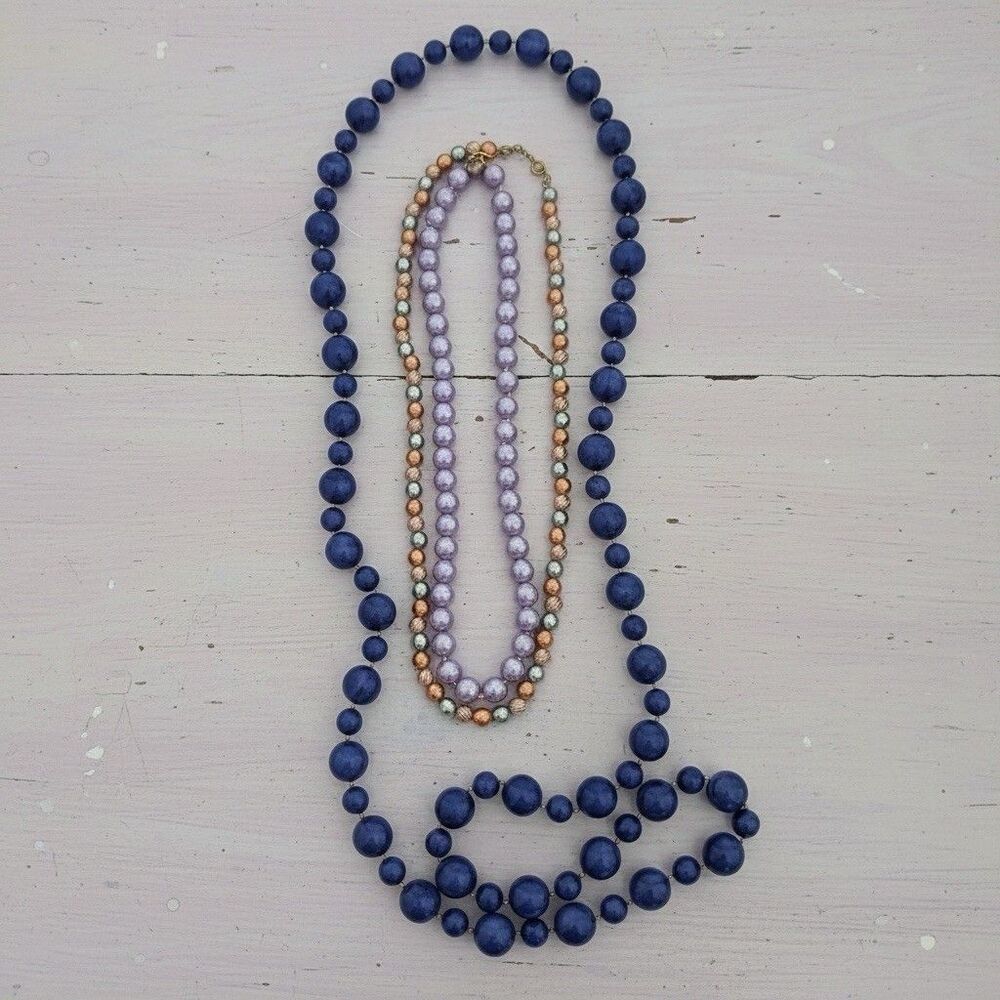 Vintage Necklace Lot Blue Beaded Lilac Multi Color Metal Jewelry Set Retro